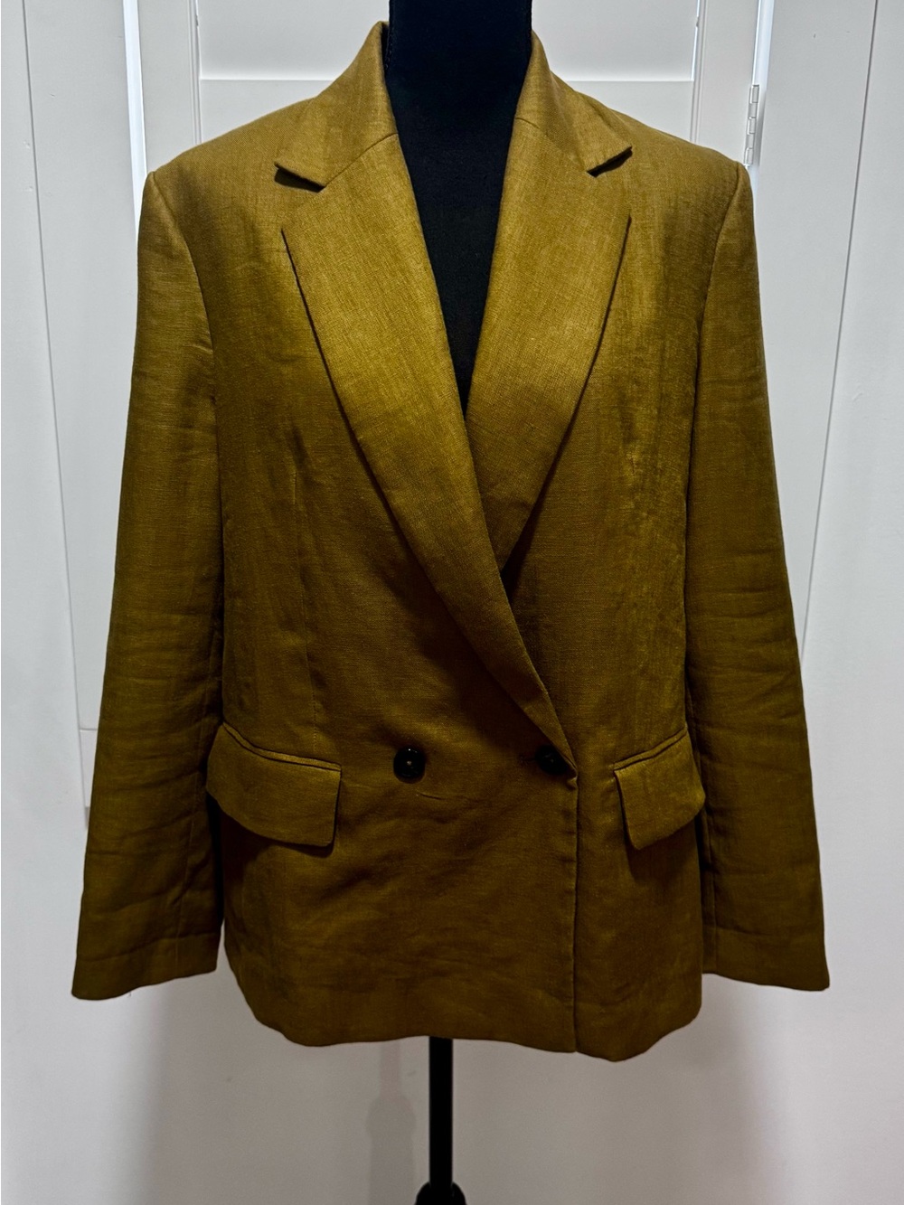 MNG by Mango 100% Linen Double-Breasted Blazer Women’s M Olive Mustard